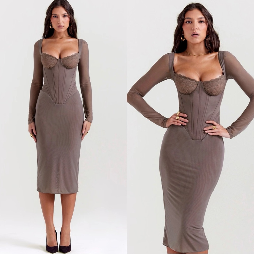House Of CB Safran Mocha Corset Midi Dress
